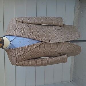 OXXFORD Brown Beige Plaid Weave‎ Wool Blend Sz 42 R L Mens Sport Coat Blazer VTG